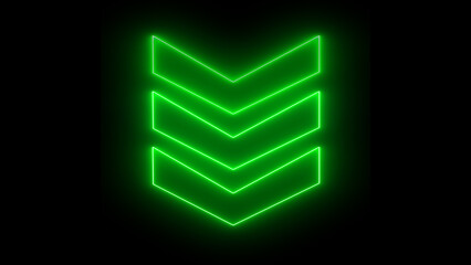 Glowing green neon downward arrow direction icon. Abstract set of glowing neon arrows. up to down rendering
