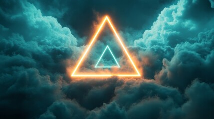 Cyan neon triangles glowing in the clouds, creating a cool, futuristic atmosphere in the sky 