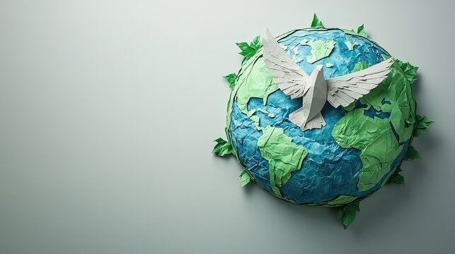 ​Eco-Cultural Visualization: Digital Earth Overlaid with Deforestation Analytics. Peace Dove in Chiyogaami Paper Texture on Minimalist Linen