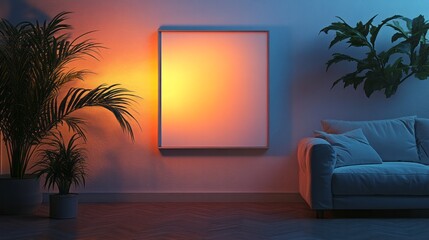 Living room displays square artwork lit with warm tones