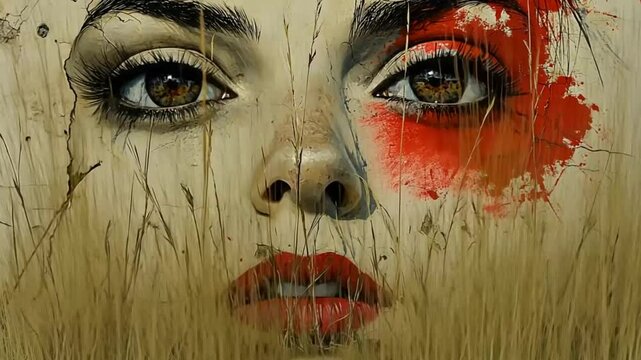Woman's Face, Red Paint, Grass Background, Art Photo
