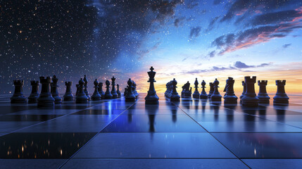 Futuristic chess tournament set against cosmic backdrop, featuring black chess pieces on reflective board