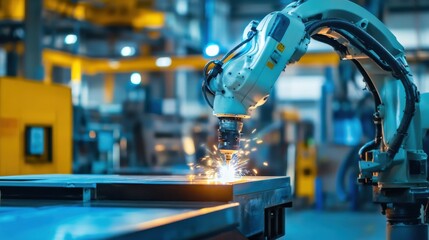 Robotic arm performing high precision welding on an aerospace part, clean industrial setting with robotic arms welding metal components, High-tech style