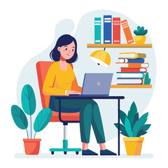 Fototapeta premium a woman is using his laptop sitting on a chair looking in the laptop colourful vector on a white background
