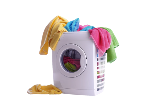 Household appliance overloaded with bright and messy laundry