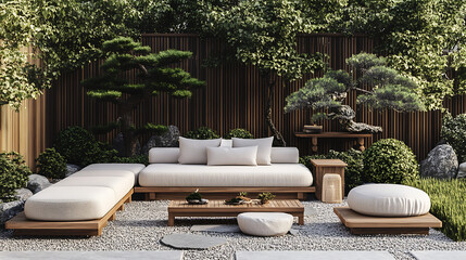 A chic Japanese garden setup with a low cedarwood sofa, cushioned ottomans, and a bonsai shelf, blending 2025 USA garden aesthetics, delivered as a PNG