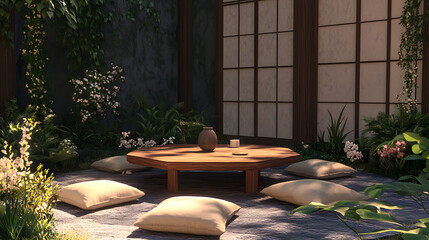 A cozy Japanese garden furniture arrangement with a low hexagonal wooden table, floor pillows, and a surrounding shoji wall