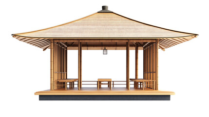 A folding Japanese zen tea pavilion with a bamboo roof and collapsible cedar walls, designed as a portable shade structure, isolated on white