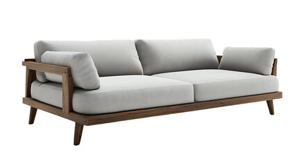 A Japanese garden sofa in a soft grey fabric with wooden legs, minimalist design, standalone on white background