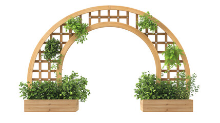 A Japanese cedar moon gate trellis with integrated plant holders along the curved frame, isolated on white background