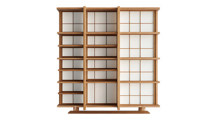 A modular Japanese shoji wall shelf with sliding rice paper panels and adjustable bamboo compartments, isolated on white