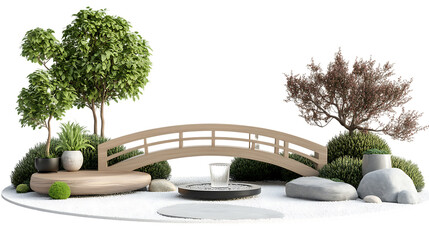 A serene Japanese garden set with a low bridge-shaped bench and a miniature fountain table, clean white background