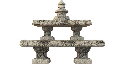 A modular stone pagoda shelf with stackable tiers carved from weathered granite, designed for small zen garden decor, isolated on white background