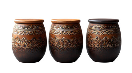 A set of three Japanese ceramic garden stool in graduated sizes with traditional patterns and warm earth tones, isolated on white, high-quality PNG render