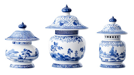 A set of three Japanese ceramic garden lanterns in graduated sizes, featuring classic blue and white patterns, isolated on white, high-quality PNG format