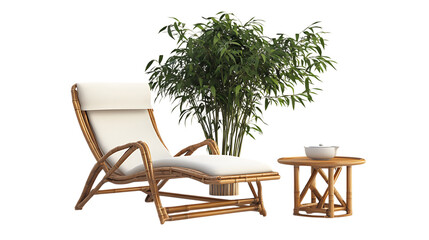 A sleek Japanese garden furniture duo of a bamboo recliner and a tiny tea table, clean white background,  gardens