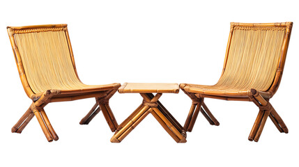 A set of two Japanese-style bamboo chairs and a matching low table, all made from ethically harvested bamboo with curved backrests for comfort, isolated on white background