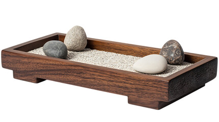 A traditional Japanese karesansui rock tray table with a raked gravel surface and removable stone accents, made from dark acacia wood, isolated on white, a 2025 USA zen decor piece, high-quality PNG