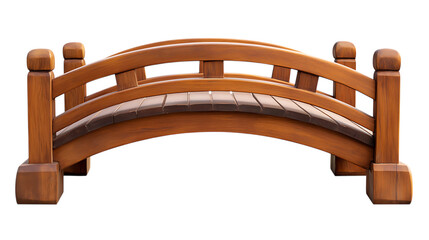 A wooden Japanese garden bridge designed as a small bench, made from teak wood with a natural finish, isolated on white background, 2025 USA trend, high-quality PNG