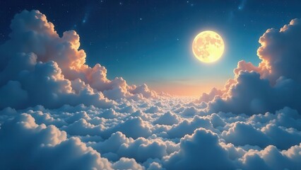 Serene Night Sky Above a Sea of Clouds with a Full Moon