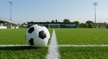 Soccer ball on the field with white lines under a clear blue sky on a sunny day