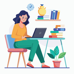 a woman is using his laptop sitting on a chair looking in the laptop  colourful vector on a white background