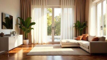 Serene Living Room with Natural Light and Neutral Tones, Featuring a Modern Sectional Sofa and Floor-to-Ceiling Windows