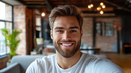 Obraz premium Smiling man in a white t-shirt takes selfie inside a modern living room. It can be used for lifestyle, social media, or dating app purposes.
