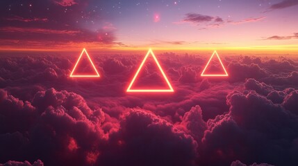 Neon red triangles hovering above the clouds, their light shining brightly in the night sky 
