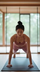 Obraz premium Asian woman balances doing plank pose yoga studio bright interior