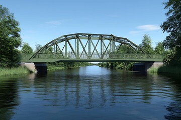 Fototapeta premium Green bridge over river with blue water and clear sky, surrounded by trees