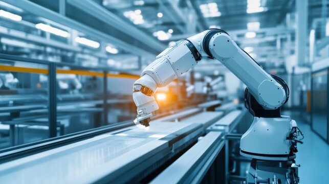 Robotic arm performing quality control checks in a modern manufacturing plant, sleek factory environment with robotic arms inspecting product quality, High-tech style
