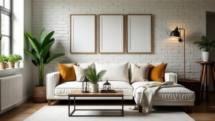Modern Sectional Sofa Arrangement in a Cozy Living Room with Natural Decor Elements and Empty Frames