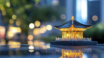 Fototapeta premium beautifully illuminated miniature shrine with traditional design, reflecting light in serene setting