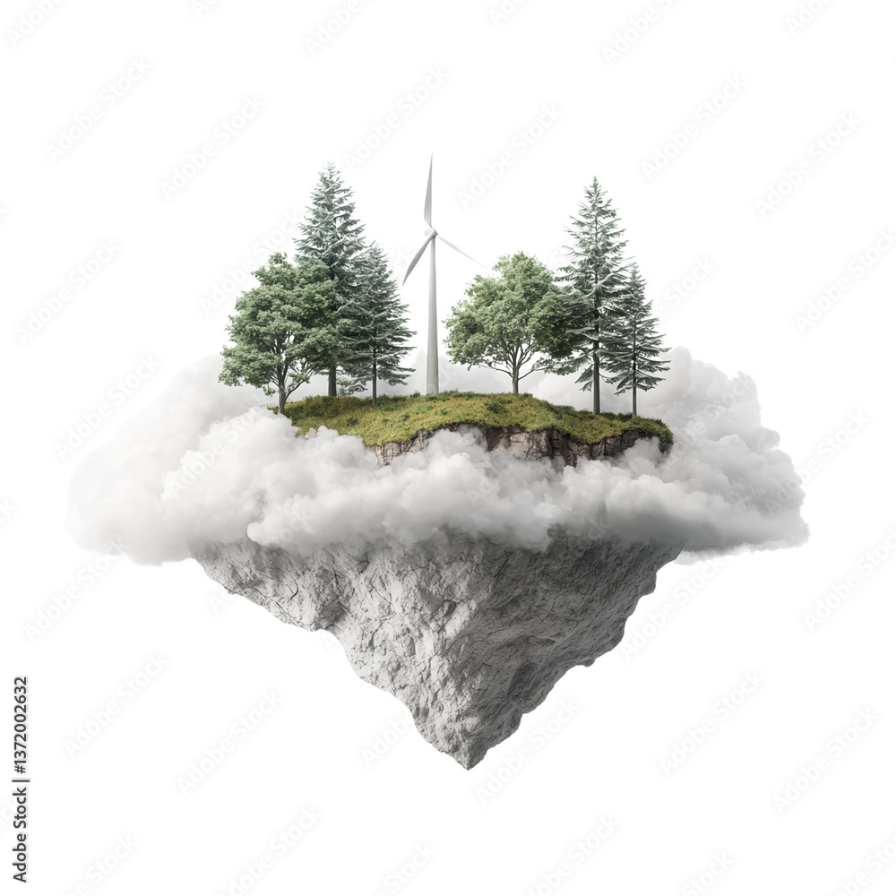 Aufkleber earth day concept in paper cut style floating island with trees and wind turbine above clouds.