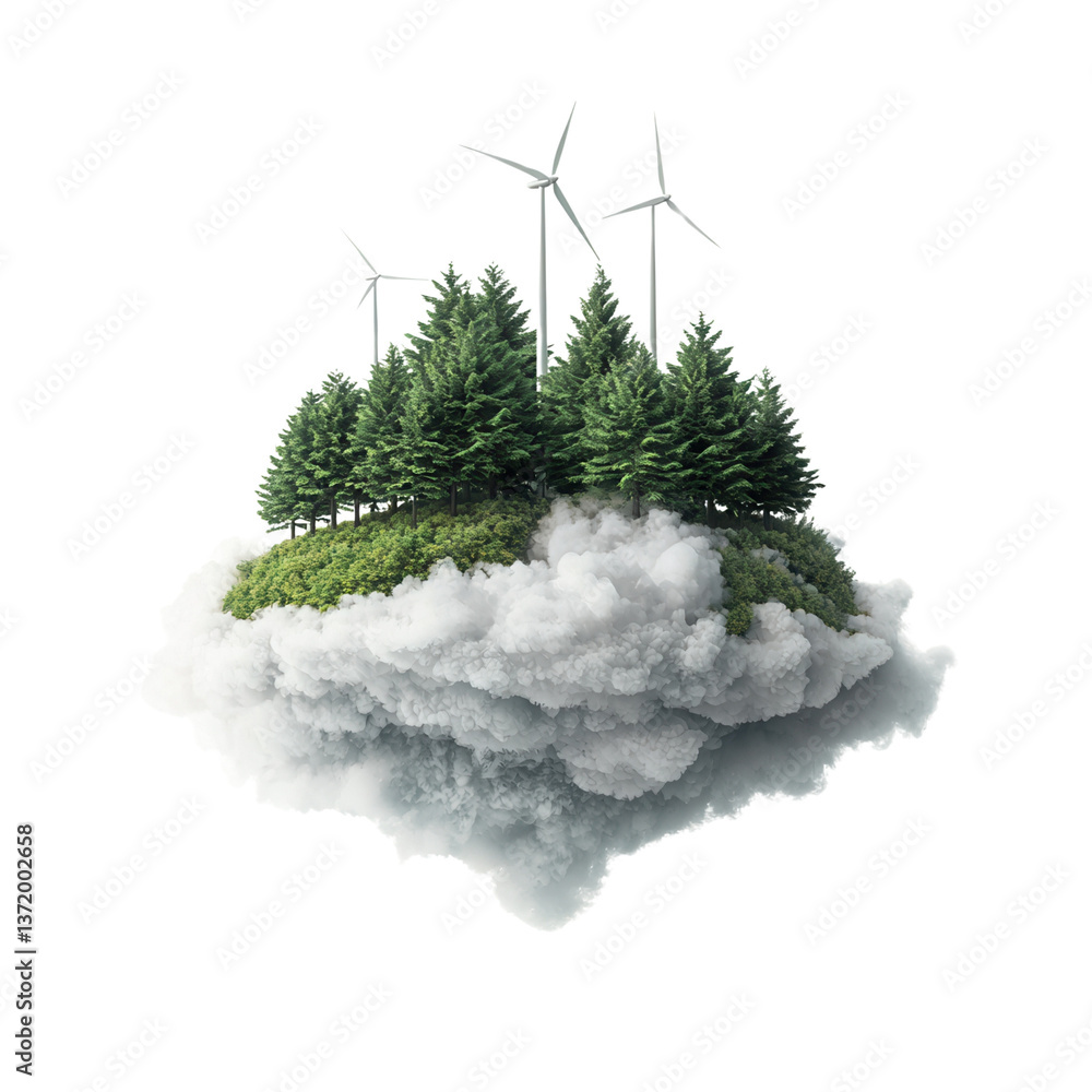 Poster earth day concept in paper cut style floating island with trees and wind turbines on clouds.