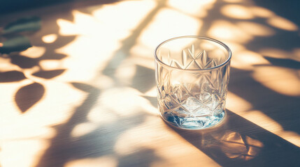 A vintage glass cup on pale wooden surface, surrounded by geometric window light, crisp shadow lines and gentle leaf shapes