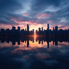 Fototapeta premium Cityscape skyline reflecting on water at dusk