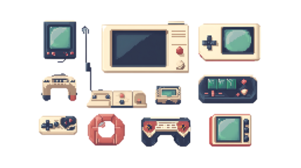 Minimalist 8-bit pixel art style interface for a retro puzzle game featuring simple icons and vintage typography, rendered on a white background