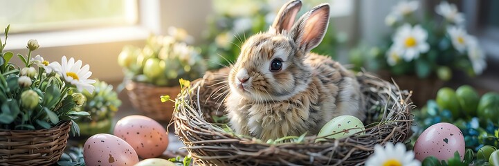 Adorable Easter Bunny Sitting in Bird&rsquo;s Nest Surrounded by Delicate Spring Flowers Pastel-Colored Speckled Eggs Against a Soft-Focused Natural Background Capturing Essence of Easter and Spring Renewal
