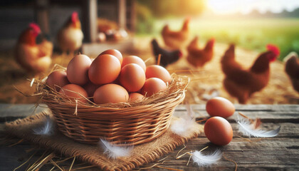 A rustic basket filled with fresh brown eggs sits on a wooden table in a sunlit barn, surrounded by feathers and hay, with free-range chickens roaming in the background. Blurred background.