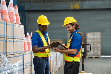 Two men warehouse worker wearing uniform and helmet safety standing using tablet checking stock products in warehouse factory store. Logistics, Distribution Center concept