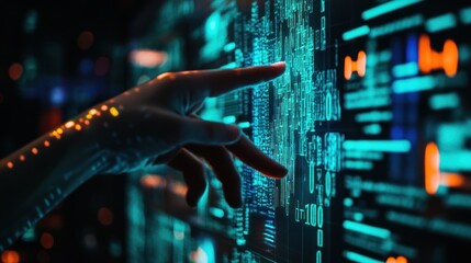 A futuristic hand interacts with a dynamic digital display.  Data streams flow across the screen