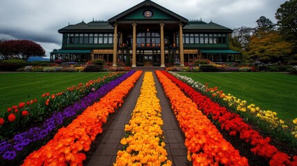 Fototapeta premium Colorful flower path leads to building under grey sky on a manicured lawn