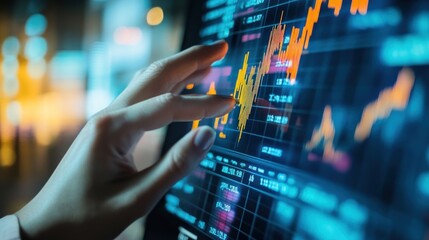 A hand interacts with a computer screen displaying financial data