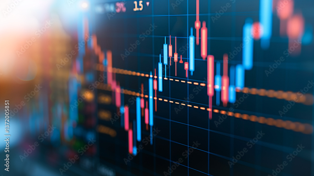 Poster financial data analysis: close-up view of a financial trading screen displaying a dynamic graph. a v