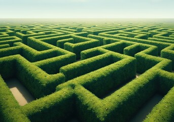 Aerial view of a lush green maze with intricate pathways and hedges