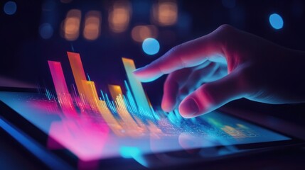 A hand interacts with data visualizations on a tablet. Vivid, dynamic graphs and charts are displayed on the screen