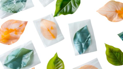 Reusable silicone food wraps with leaf patterns, floating on white