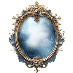 Antique Oval Mirror with Ornate Gold Frame Blue Glass and Gem Accents
